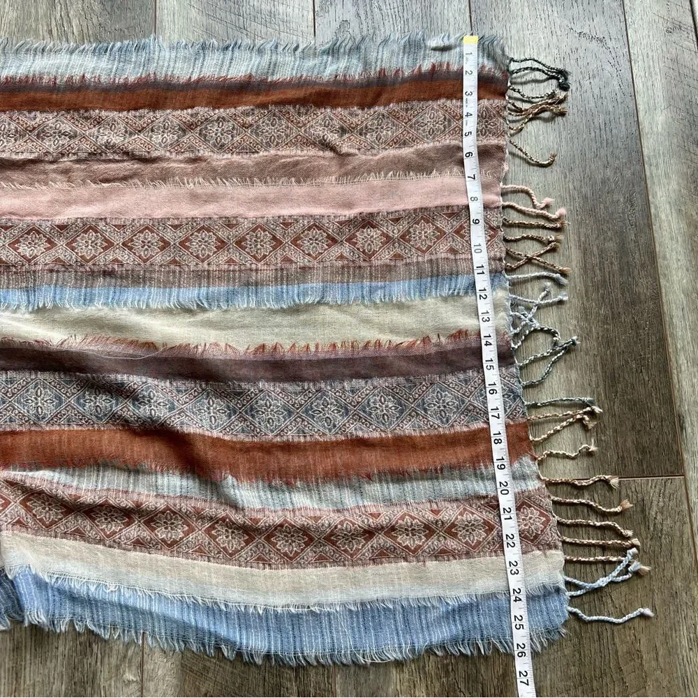 PRANA Mae Scarf Wrap Fringed Striped Tan Blue Cream Multicolored 100% Wool